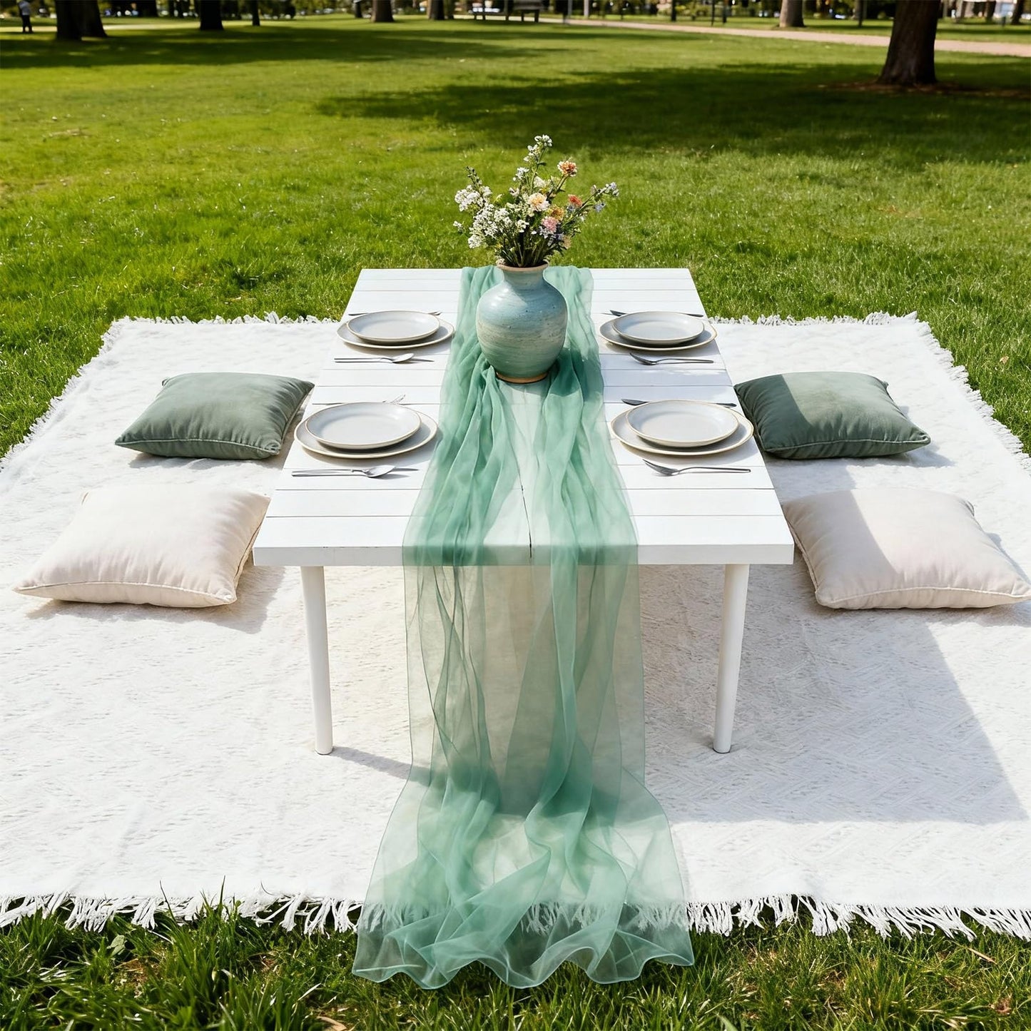 Hahafelt 2 Set Low Picnic Table, Foldable Boho Picnic Table with Extra Large Outdoor Camping Blanket Portable Boho Wood BBQ Tables for Camping Wedding Beach BBQ Party (44.1''x22.1''x12.9'',White)