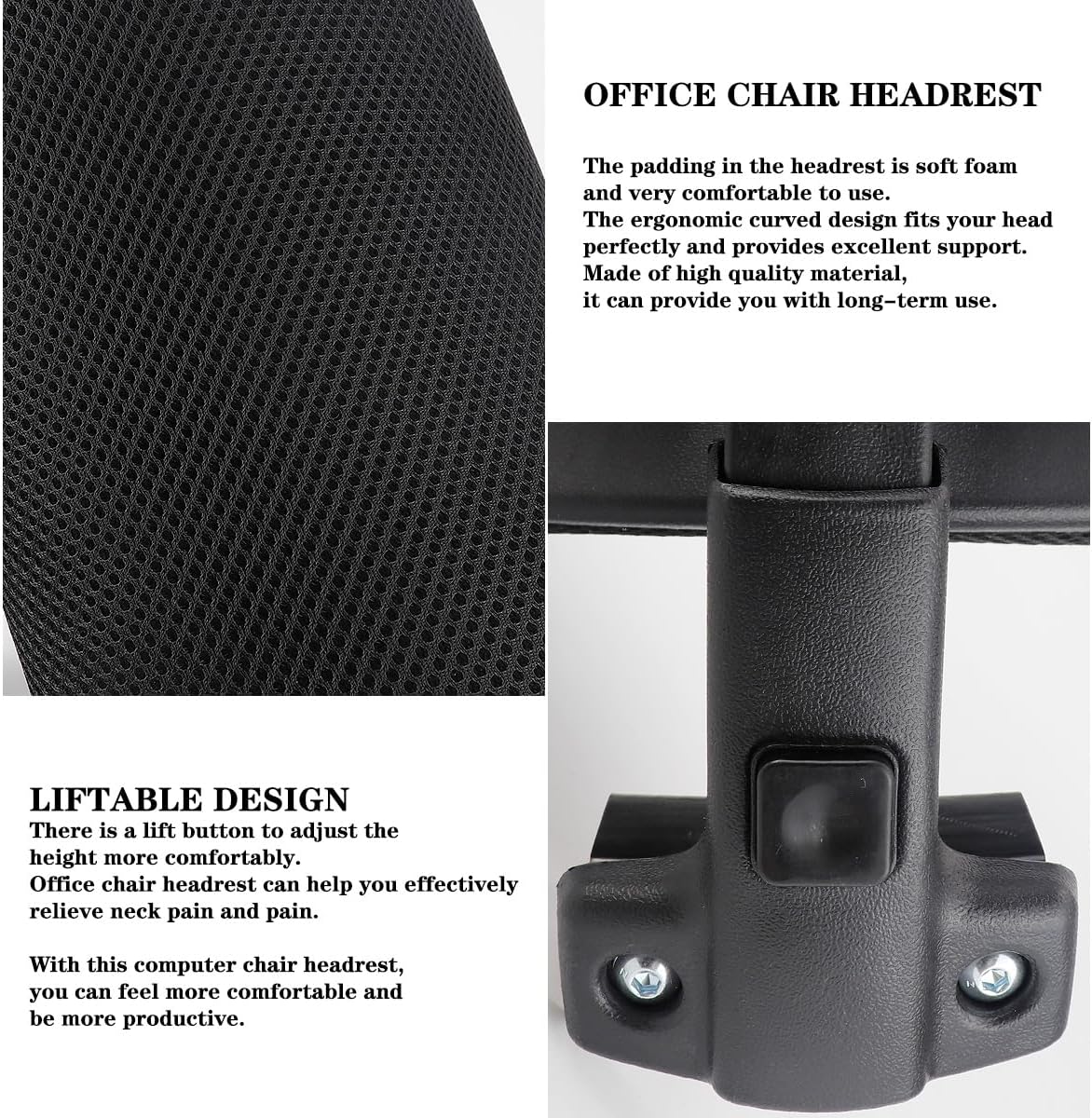 Black Mesh Office Chair Headrest Attachment, Adjustable Height Angle Head Support Cushion for Ergonomic Office Chair