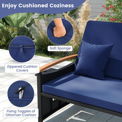 Tangkula Patio Rattan Daybed with 4-Level Adjustable Backrest, Outdoor Wicker Loveseat with Acacia Wood Armrest, Storage Ottoman & Folding Tray, Double Sunbed for Yard & Poolside (Navy & Black)