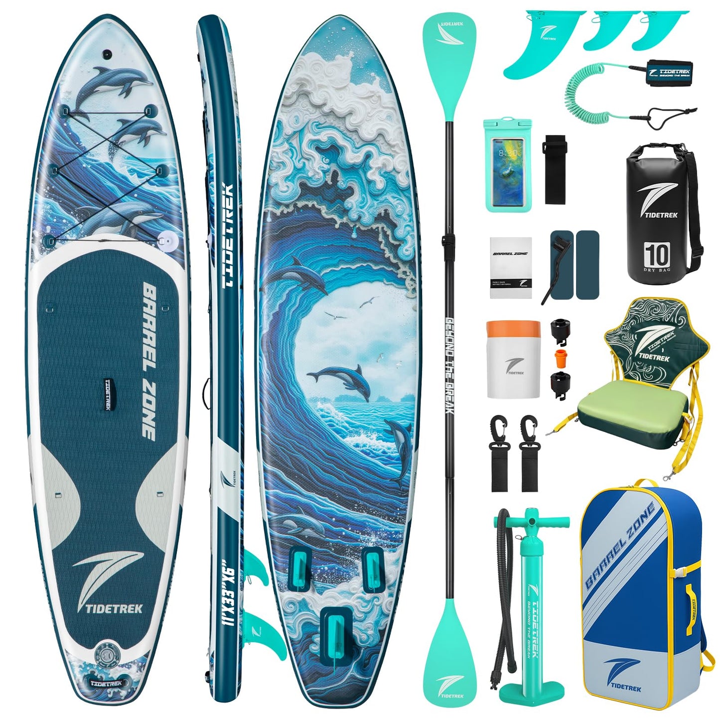 TIDETREK 11'/11'6" x 33"/34" x 6" Inflatable SUP Paddle Board – Extra-Wide, Stable Stand Up Paddle Board with Premium Full Accessory Set for Adults & Youth (Ocean Spirit/Kayak Seat, 11'x33 x6)