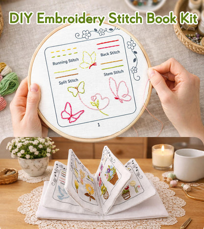 CIZULFY Beginner Embroidery Stitch Book Kit with Pre-Printed Fabric, 30 Essential Stitches and Practice Patterns(Floral Animal etc), Embroidery Beginner kit Adult with Tool and Video Guide
