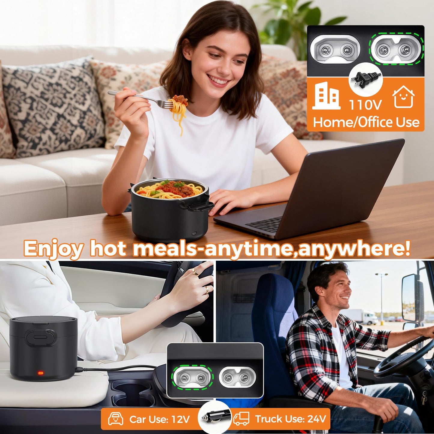 CDBEEE 33oz Electric Lunch Box, 100W Portable Food Warmer Heater, 12V/24V/110V 3-in-1 Lunch Warmer Portable for Work/Office/Car/Travel, Warming Soup & Meal, Spill-Free, Men & Women's Gifts