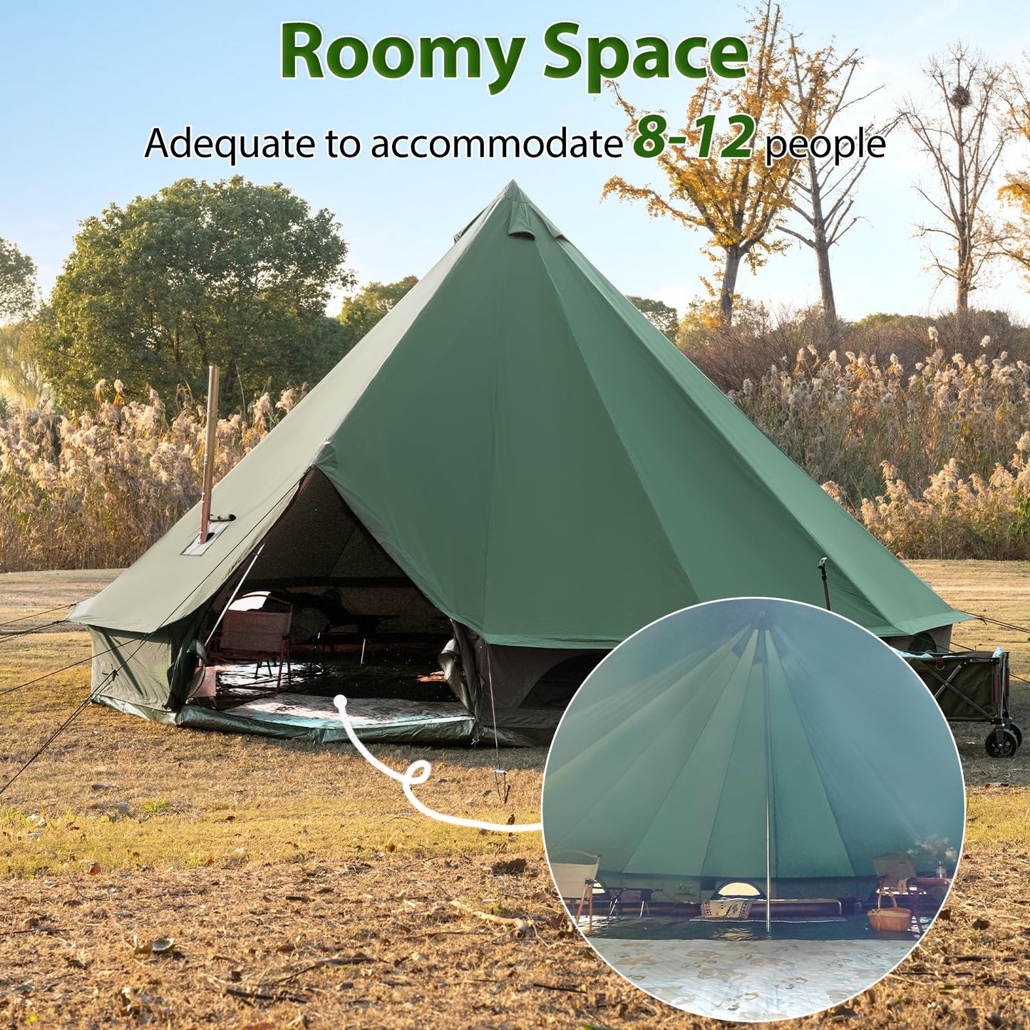 WaldZimmer Canvas Bell Tent 19.7ft Green with Stove Jack and Zipped Removable Floor, Luxury Outdoor Glamping Yurt Cotton Tent for Family Truck Car Camping Hunting Party