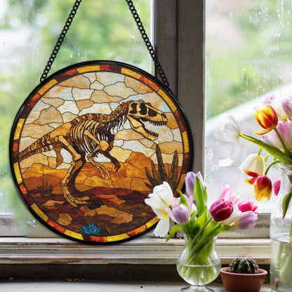 Hiuwevt Dinosaur Skeleton Suncatcher Stained Glass Window Hanging, Prehistoric Dino Fossil Sun Catchers Indoor Window Glass Wall Art Decor, Dinosaur Round Wall Hanging Decorations, 7.9x7.9 inch