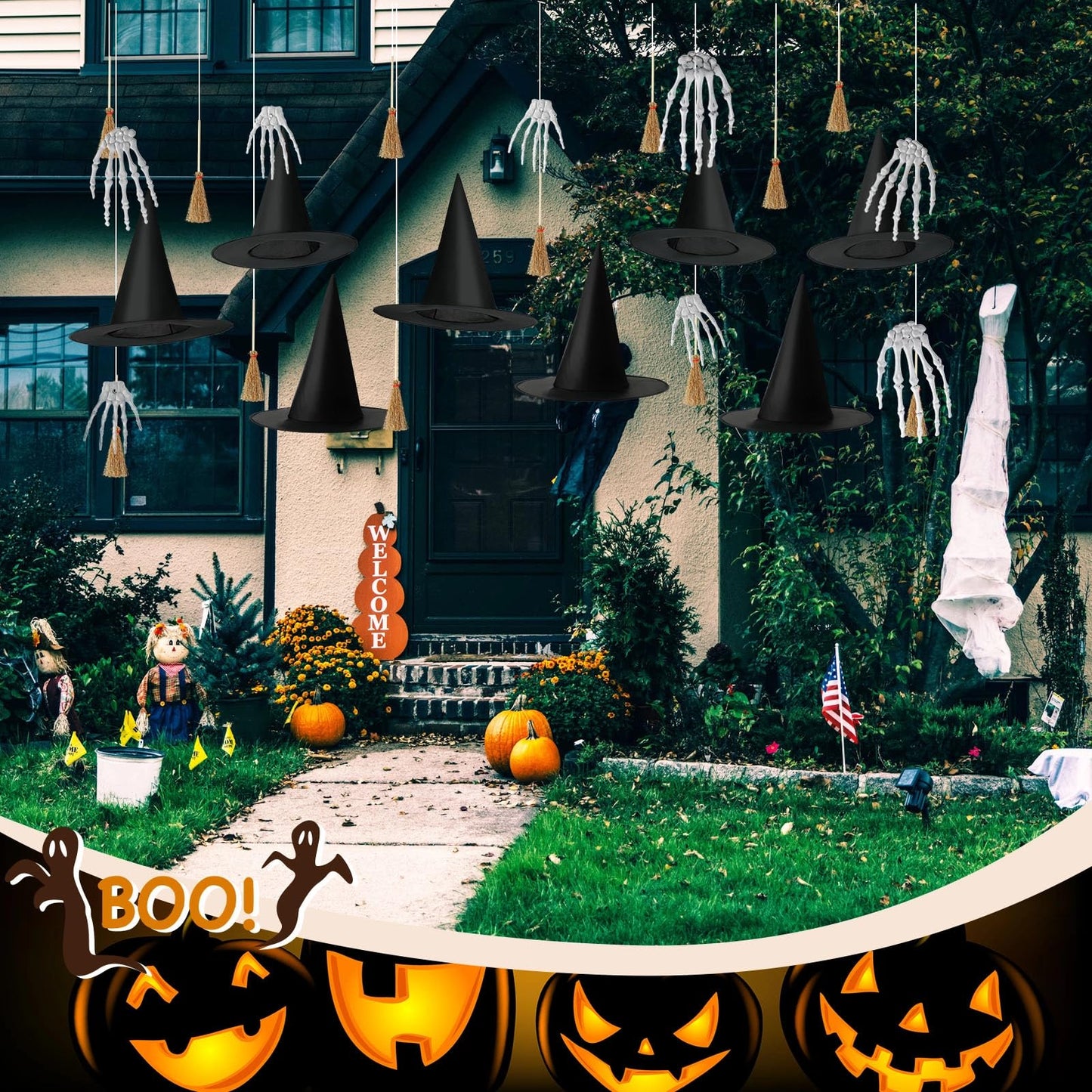 Wavwavw 32 Pcs Halloween Hanging Decorations Set, Floating Witch Brooms Witch Hat Skeleton Hands Wizard Straw Broom Accessories for Party Favors Birthday DIY Crafts