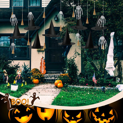 Wavwavw 32 Pcs Halloween Hanging Decorations Set, Floating Witch Brooms Witch Hat Skeleton Hands Wizard Straw Broom Accessories for Party Favors Birthday DIY Crafts