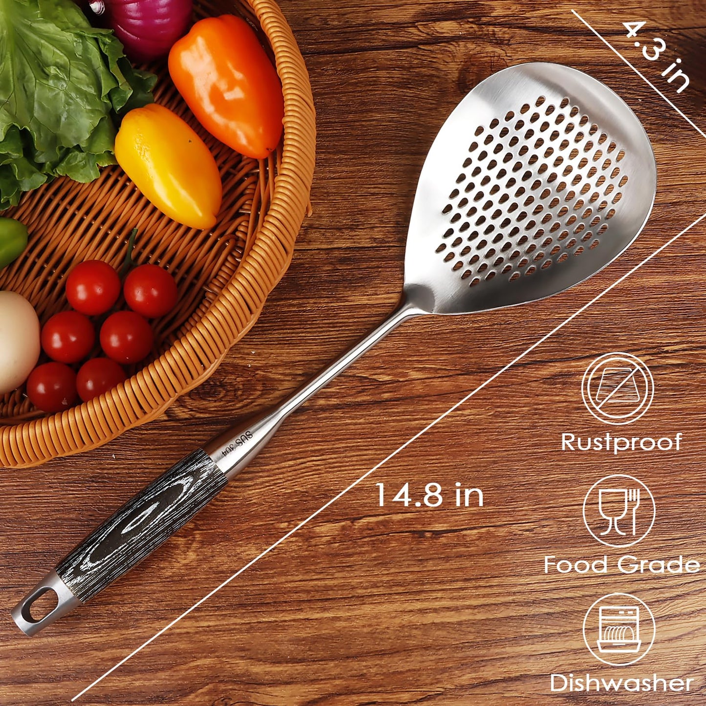 GLENDAVENY Skimmer Slotted Spoon, 304 Stainless Steel Spider Strainer Skimmer Ladle Spoon for Cooking and Frying, Pasta, Spaghetti, 4.3 inch, Dishwasher safe