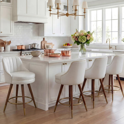 Sucrever Counter Height Bar Stools Set of 4, 24" Leather White Bar Stools with Backs, Swivel Counter Stools with Wooden Legs for Kitchen, Dining Room, Bar, Cream White