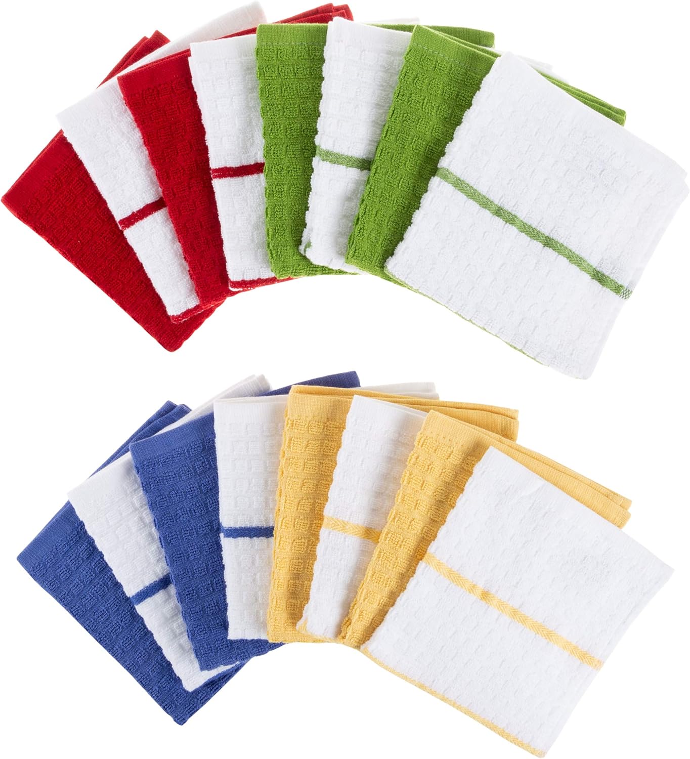 Kitchen Dish Set of 16 - 100% Cotton Wash Cloths, Waffle Weave in 4 Colors for Cleaning by BH