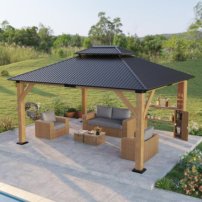LUXOAK 13x15 Wood Gazebo, Hardtop Outdoor Gazebo with Aluminum Double Roof, Outdoor Wooden Pavilion for Parties, Backyard, Patio, Lawns, Black + Natural Wood