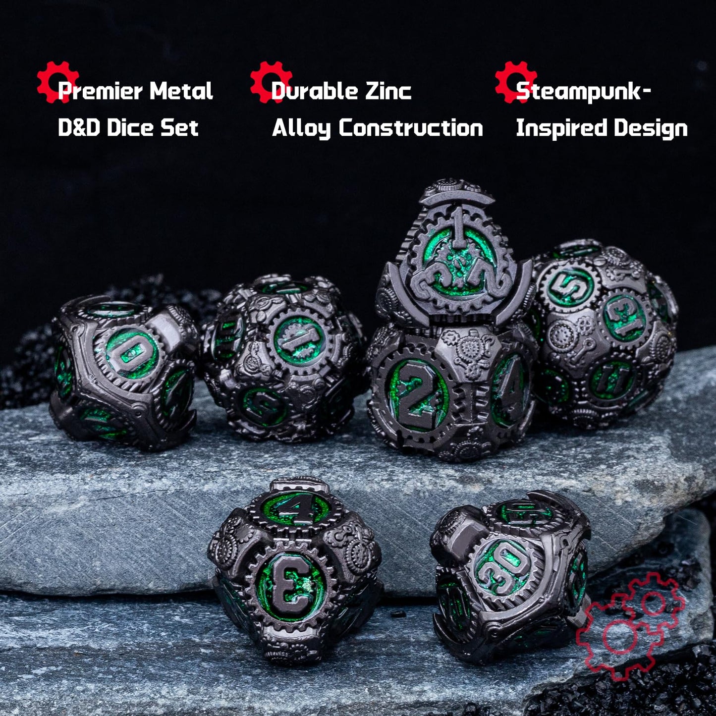 Rolledomain Metal DND Dice Set, Green Steampunk Machinist Gear Heavy Metal Dice Set with Gift Case, Dice Gift for D&D DM and Players, Designed for Dungeons and Dragon, MTG, TTRPG Role Playing Games