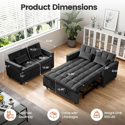 Trygoal 3 in 1 Convertible Sofa Bed, Love Seat Sleeper Bed with Side Pockets, Velvet Fabric Pull Out Couch with Adjustable Backrest for Living Room, Bedroom, Apartment, Black
