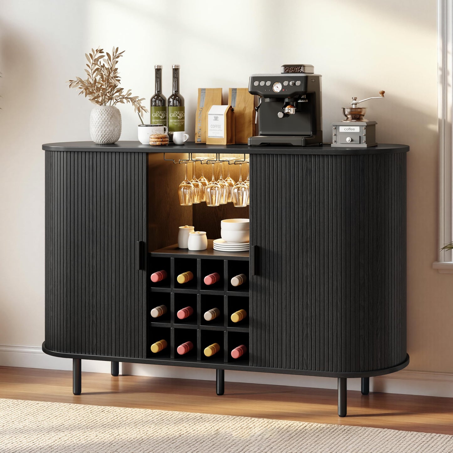 55" Wine Cabinet, Fluted Coffee Bar Cabinet with LED Light, Modern Liquor Coffee Station with Power Outlet, Wine Rack & Glass Holder, Sliding Door Buffet Sideboard Table for Home, Living Room, Black