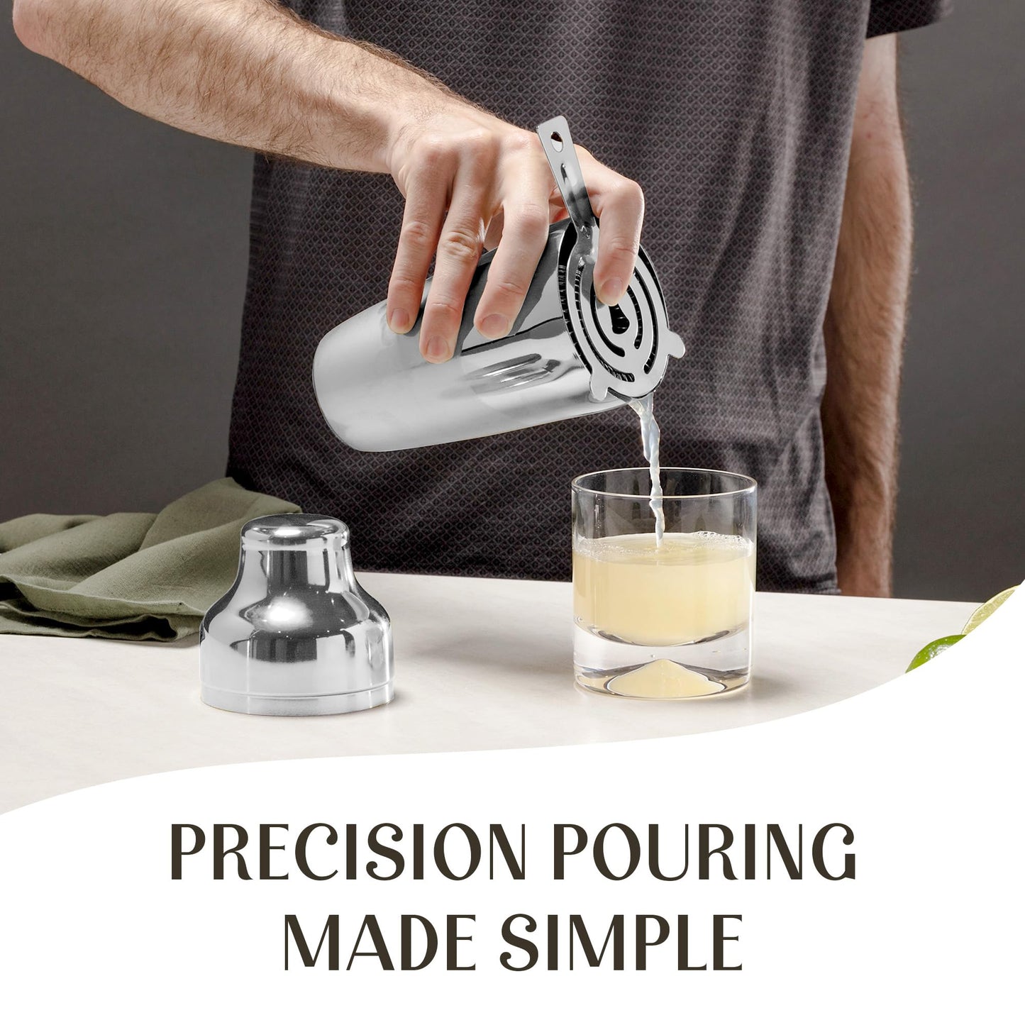 Modern Mixology Cocktail Shaker Set - Bartender Kit with Pine Stand | Leak-Proof Design | Includes Martini Shaker, Jigger, Strainer, Spoon, Tongs | Perfect Bar Tools Gift for Home Mixology (Silver)