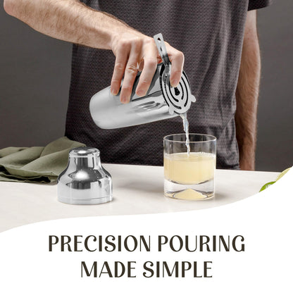 Modern Mixology Cocktail Shaker Set - Bartender Kit with Pine Stand | Leak-Proof Design | Includes Martini Shaker, Jigger, Strainer, Spoon, Tongs | Perfect Bar Tools Gift for Home Mixology (Silver)