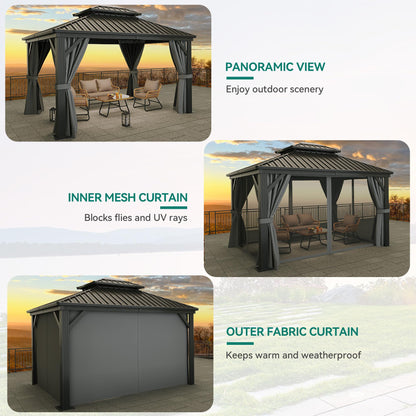 YITAHOME 10X12FT Gazebo Hard Top Patios Aluminum Frame Double Roof Canopy Garden Metal Gazebo Tent Curtains Netting for Patios Backyards Decks Lawns, Gray