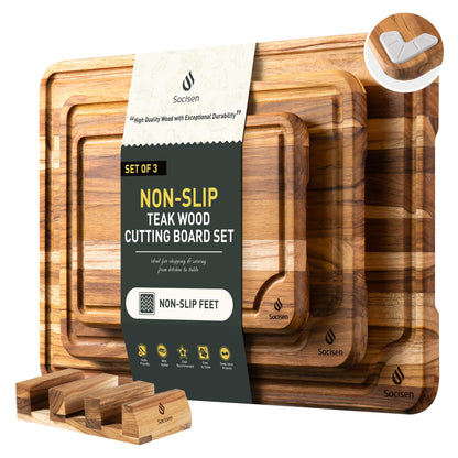 3 Pack Teak Wood Cutting Board Set for Kitchen Charcuterie Board Serving Heavy Duty Non Toxic Slip Over Sink Solid Thick Haus Wooden Chopping Board Large Big Small Meat Best Kitchen Essential Gift
