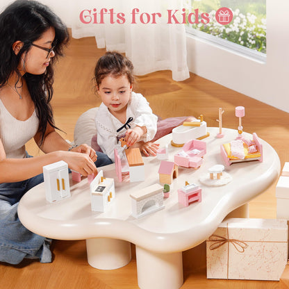 ROBUD Wooden Dollhouse Furniture Set, 28 Pcs Doll House Accessories, Miniature Furniture Including 6 Room Kits, Pretend Play Toys, Gift for Boys and Girls,3+