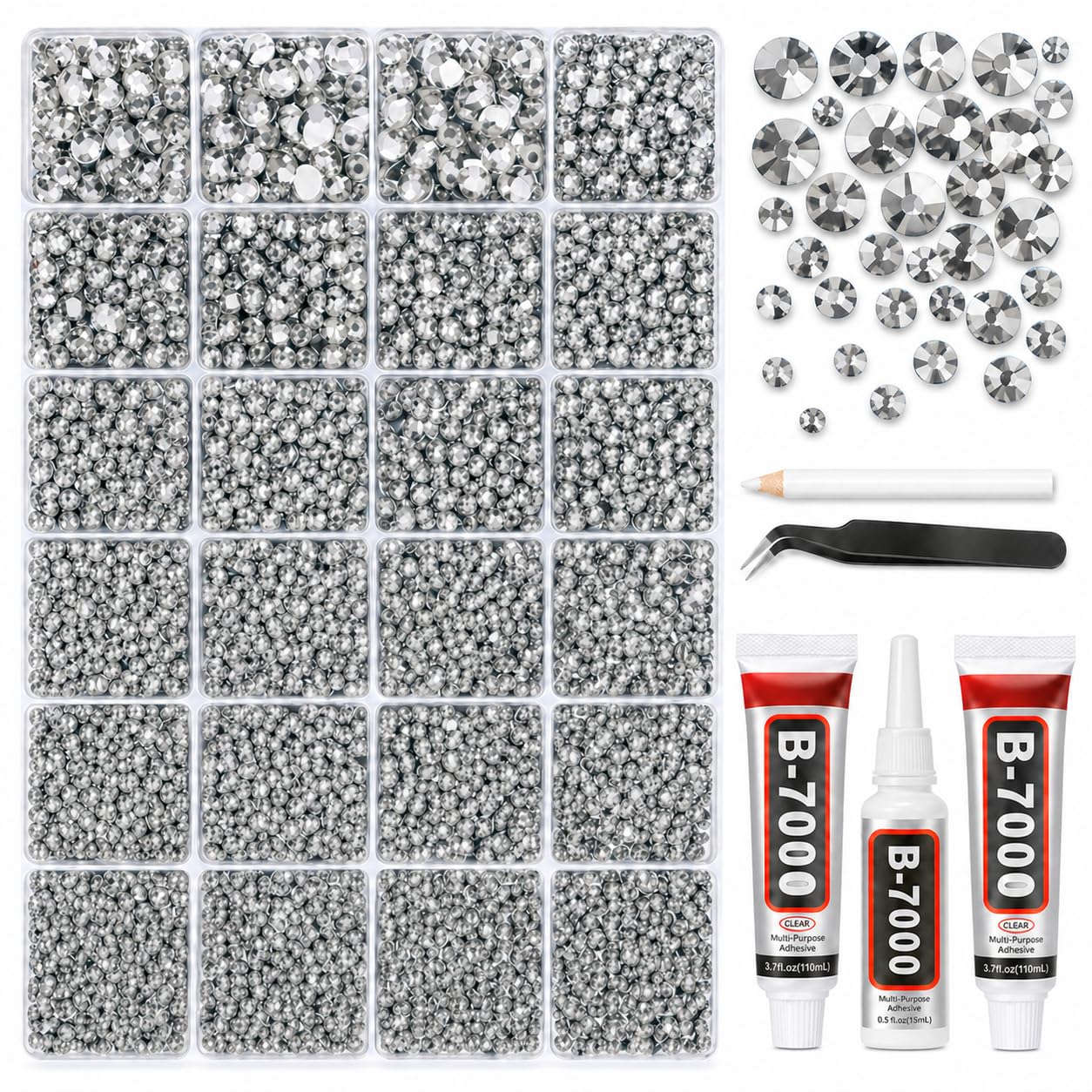 BlissVeritura 32000Pcs Clear Silver Rhinestones for Bedazzling Kit,Mix Sizes Silver Clear Flatback Gems,2,3,4,5,6MM Bedazzled Stones Crystal with B7000 Jewelry Glue for Crafting, Nail Art.