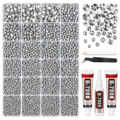 BlissVeritura 32000Pcs Clear Silver Rhinestones for Bedazzling Kit,Mix Sizes Silver Clear Flatback Gems,2,3,4,5,6MM Bedazzled Stones Crystal with B7000 Jewelry Glue for Crafting, Nail Art.