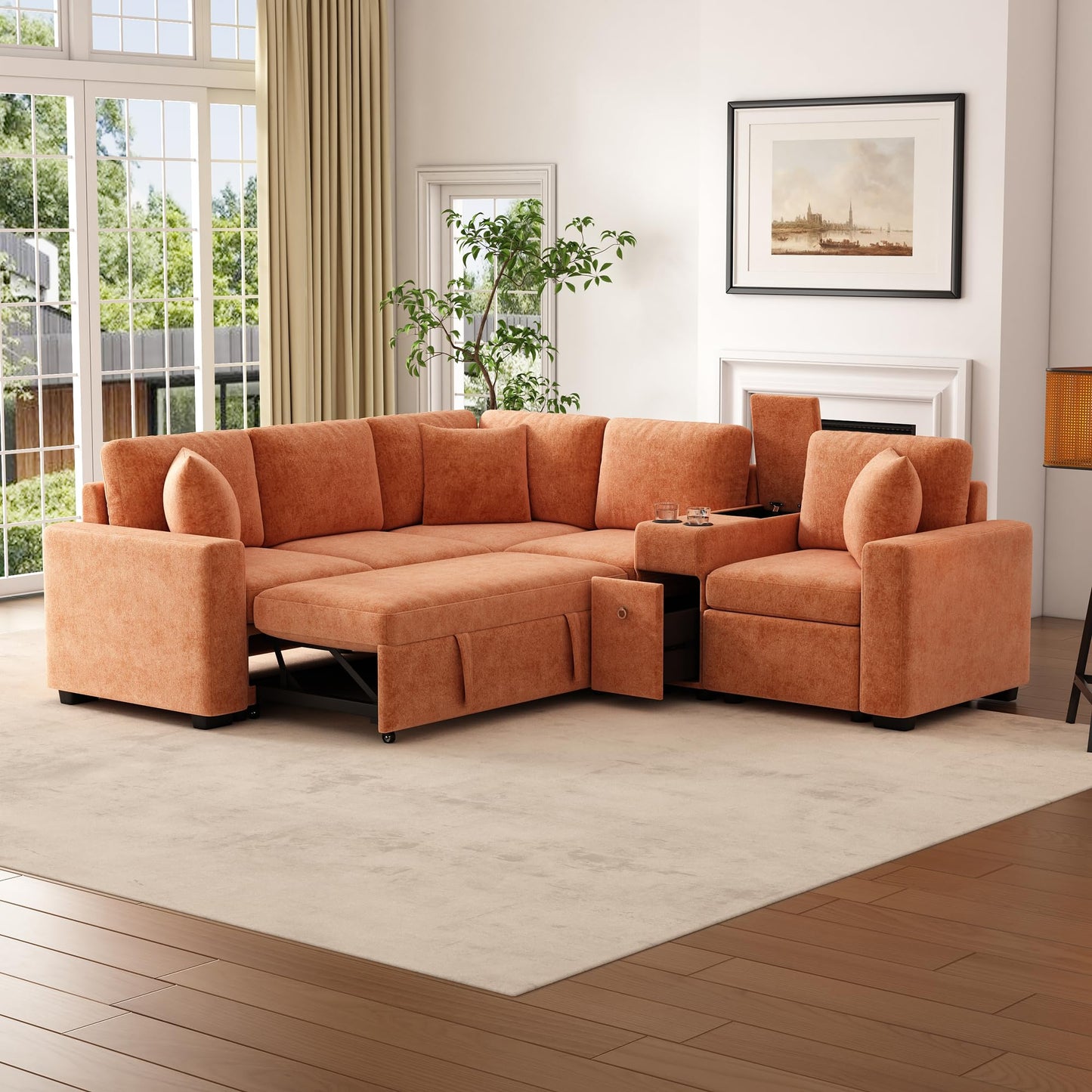 Merax 120.5" L-Shaped Sectional Sofa, Modular Convertible Couch Reversible Sleeper with Pull-Out Bed, Cup Holders, and Ample Storage for Living Room, Orange