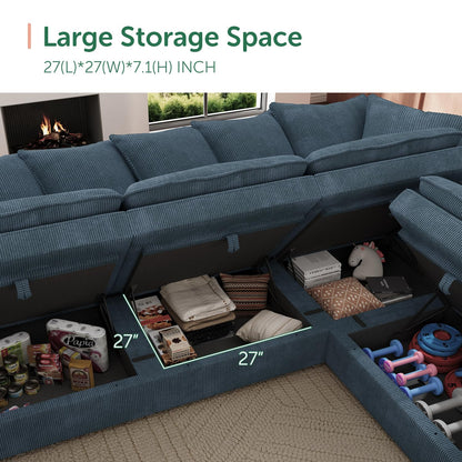 HONBAY Modular Sectional Sofa, 6 Seaters Corduroy Sectional Couch, L Shaped Couch with Storage & Pillows, Blue