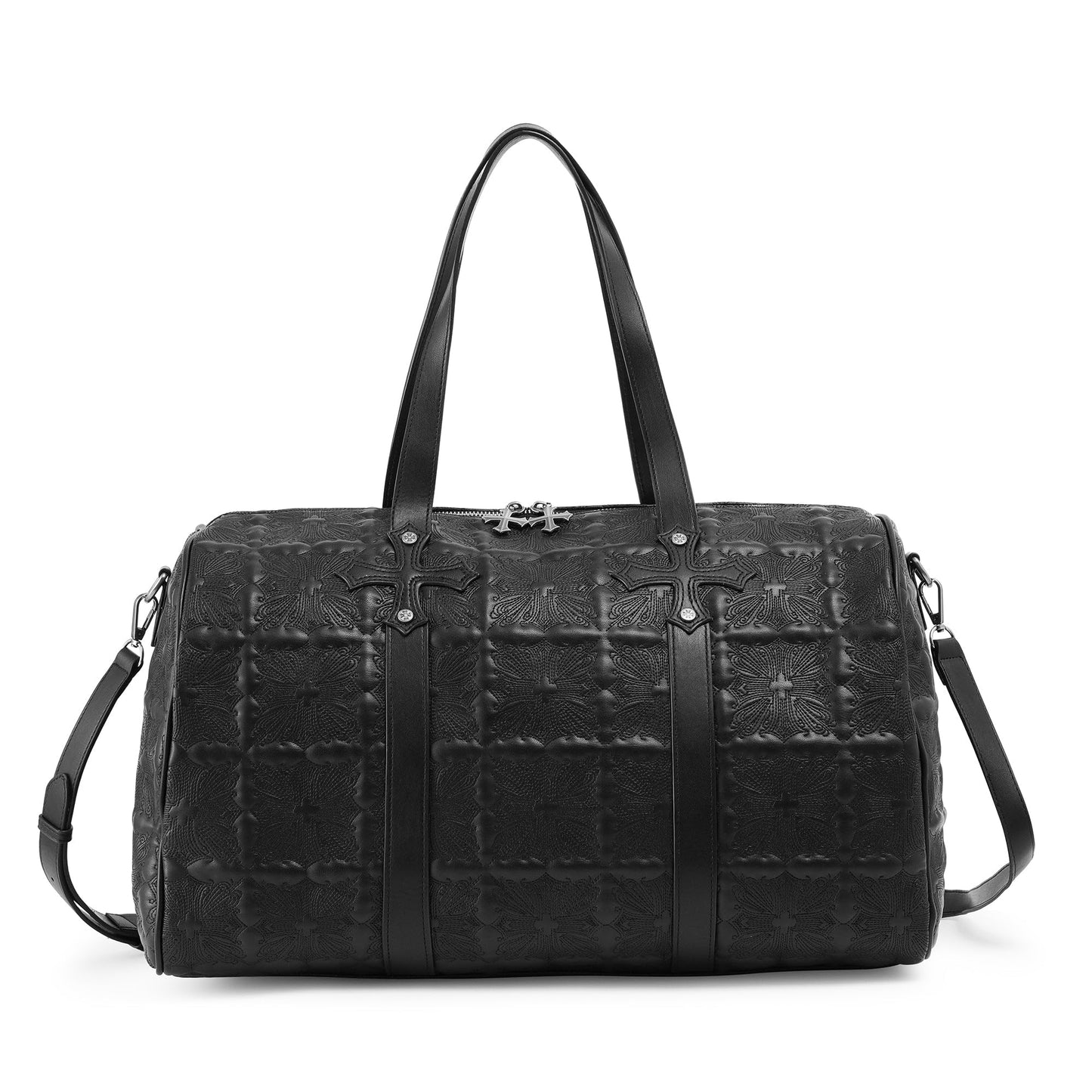 Von Dutch Embroidered Chopper Duffle Bag, Vegan Leather Weekender with Crossbody Strap & Handles