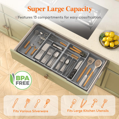 Lifewit Large Silverware Drawer Organizer, Expandable From 21 to 36 Inches, BPA Free Plastic Utensil Tray for Kitchen, Adjustable Flatware and Cutlery Holder for Spoons Forks Knives, Black
