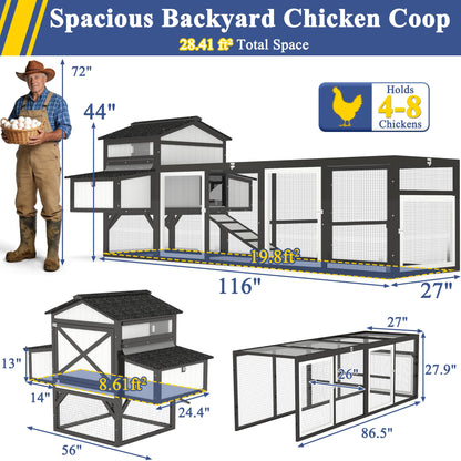 Ketive 116" Large Chicken Coop with Run, Wooden Hen House Outdoor Poultry Cage 28.41 ft² for 4–6 Chickens, 4 Nesting Boxes, 4 Perches, Easy-Clean Slide Out Tray, Expandable Backyard Coop