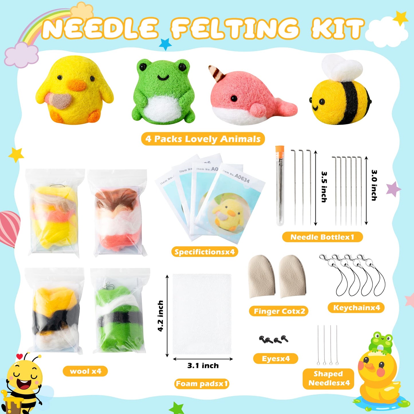 WATINC Set of 4 Cute Animal Needle Felting Starter Kit Frog Chick Bee Narwhal Animal Doll Wool Felting Tools Felt Needles Foam Mat DIY Needlework Craft Party Supplies for Beginners Adults