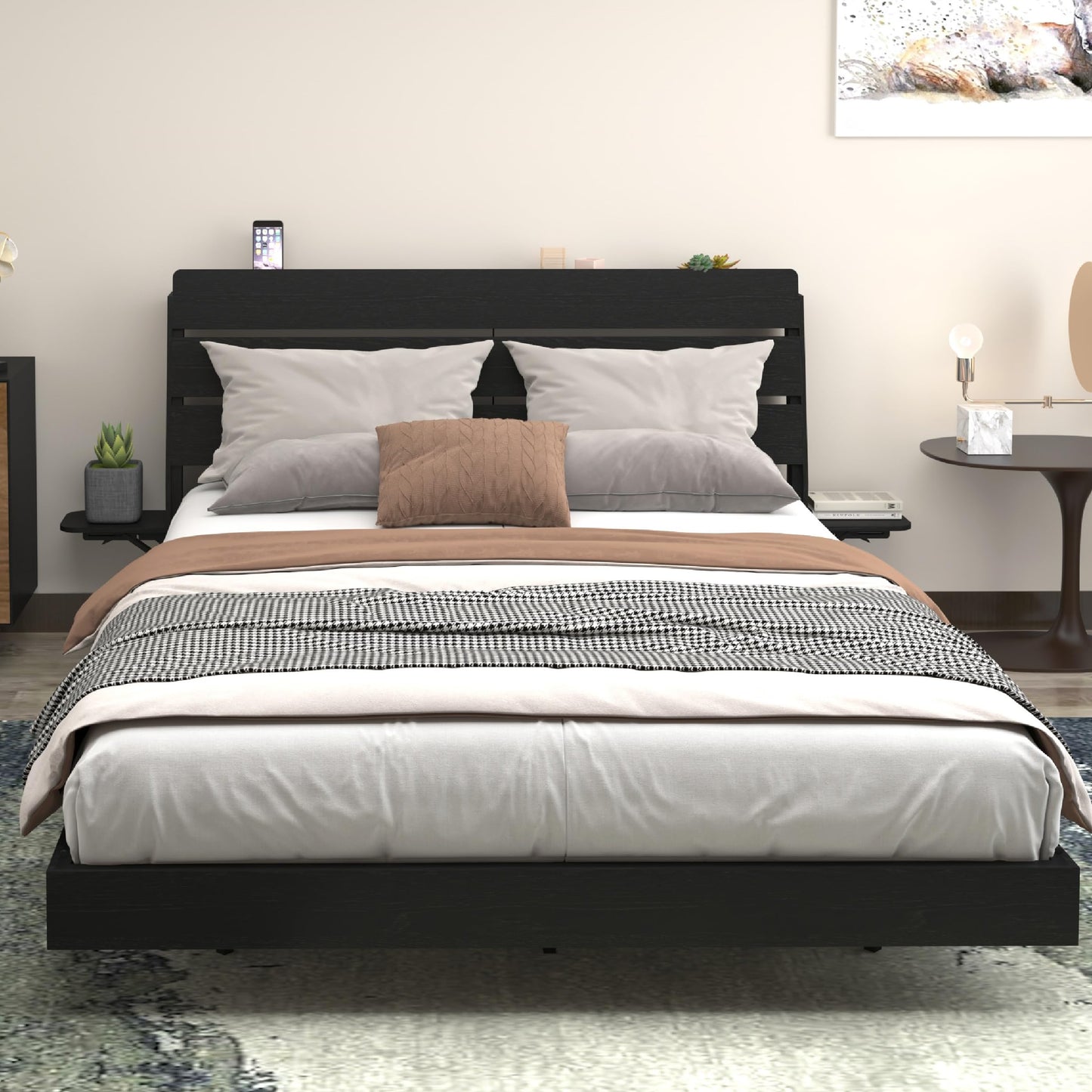 KEIKI Queen Size Floating Bed w/Storage Headboard & Tabletop, Farmhouse Wood Platform Beds Frame w/Light & Charging Station, Solid Bedframe Queen, No Box Springs Needed, Easy Assembly, Black