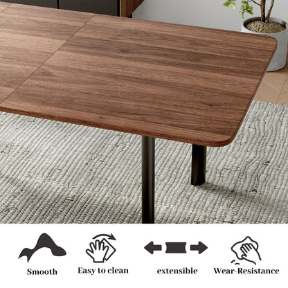 HIPIHOM 63"- 78.7" Extendable Dining Table Set for 6, 4-6 Person Modern Kitchen Table with 6 Brown Upholstered Dining Chairs, Thickened Expandable Wood Table Tops with Metal Bases, Walnut Dinner Table