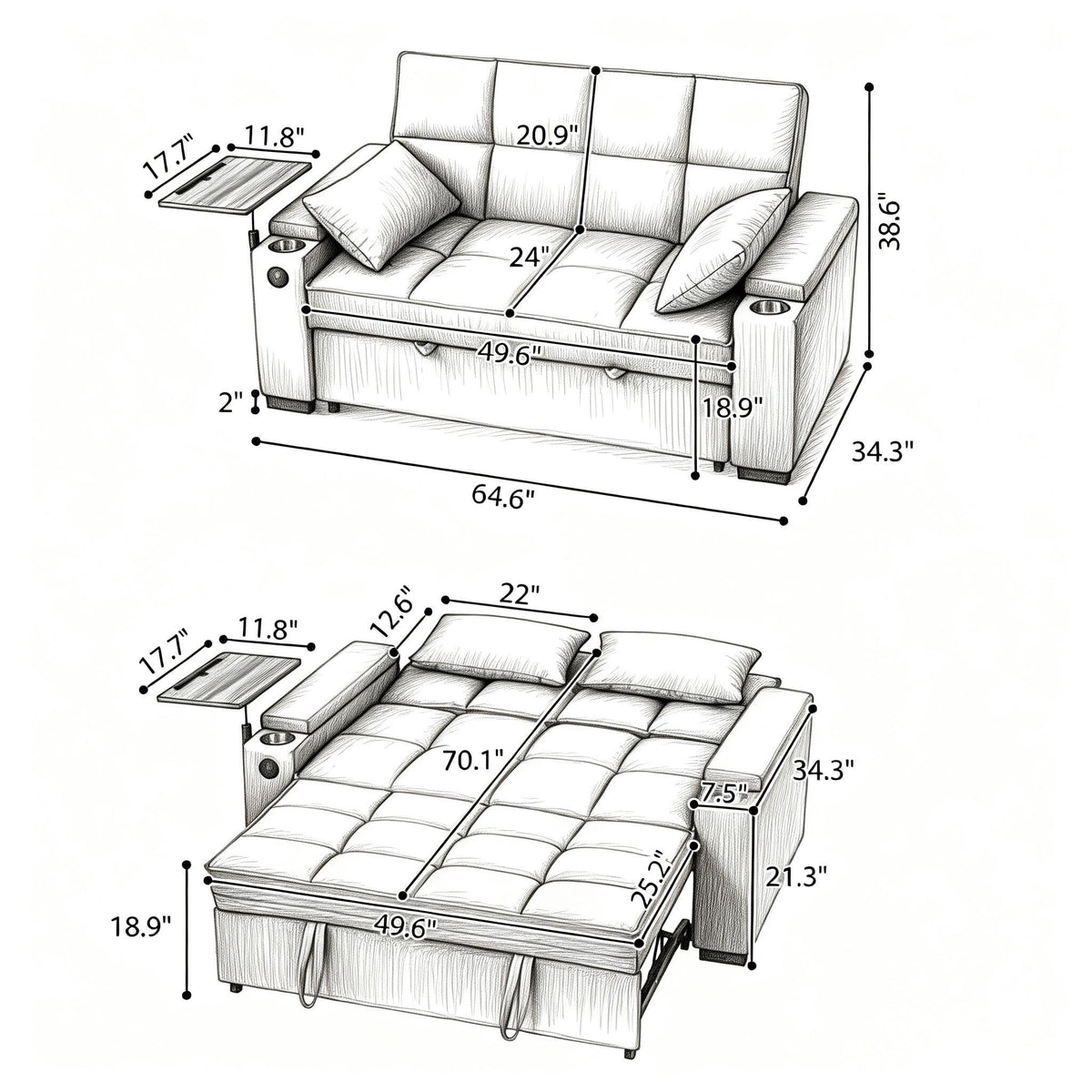 Eafurn Convertible Sleeper Sofa Bed with 360° Swivel Table & USB Ports, Tufted Chenille Loveseat Pull-Out Couch with Storage Armrest & Cup Holders, 6-Level Adjustable Backrest