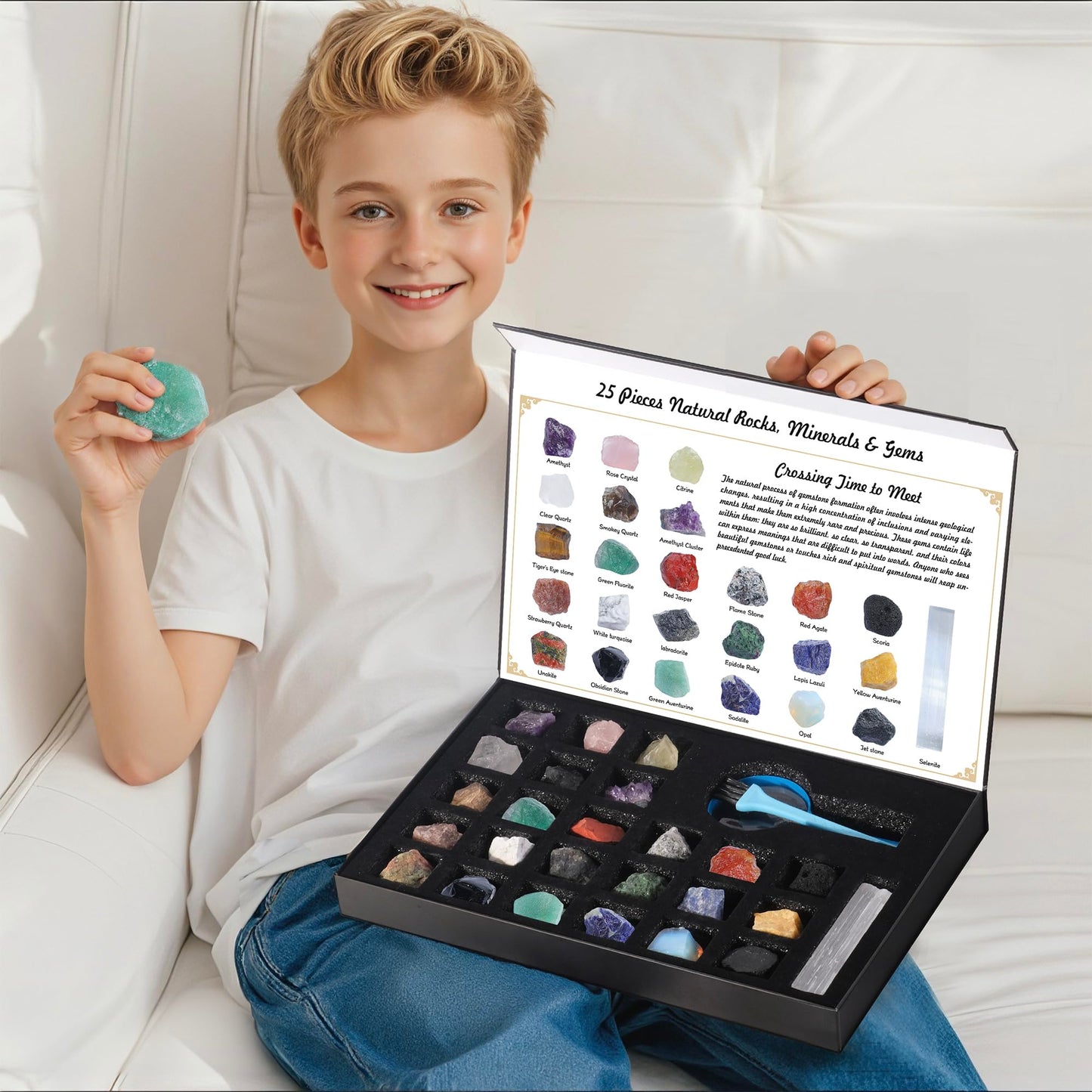 HEMYLU Rock Collection for Kids, 25PCS Crystal Gem Mineral Collection Set Box Gift for Boys and Girls, Natural Gemstone with Learning Guide Education Set