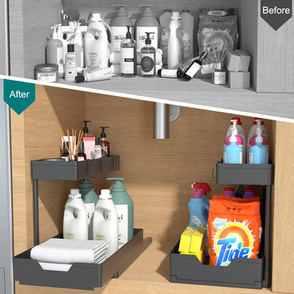 Nature's Source Under Sink Organizer - 2 Tier Sliding Cabinet Storage Baskets | L-Shape Design, Black