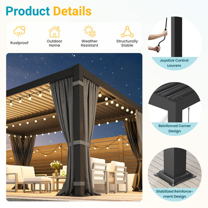 12' x 16' Louvered Pergola, Outdoor Pergola with Curtains & Netting, Metal Patio Pergola with Adjustable Louvers Roof and Gutter System, Metal Hardtop Gazebo for Patio, Deck, Garden, Yard, Dark Gray