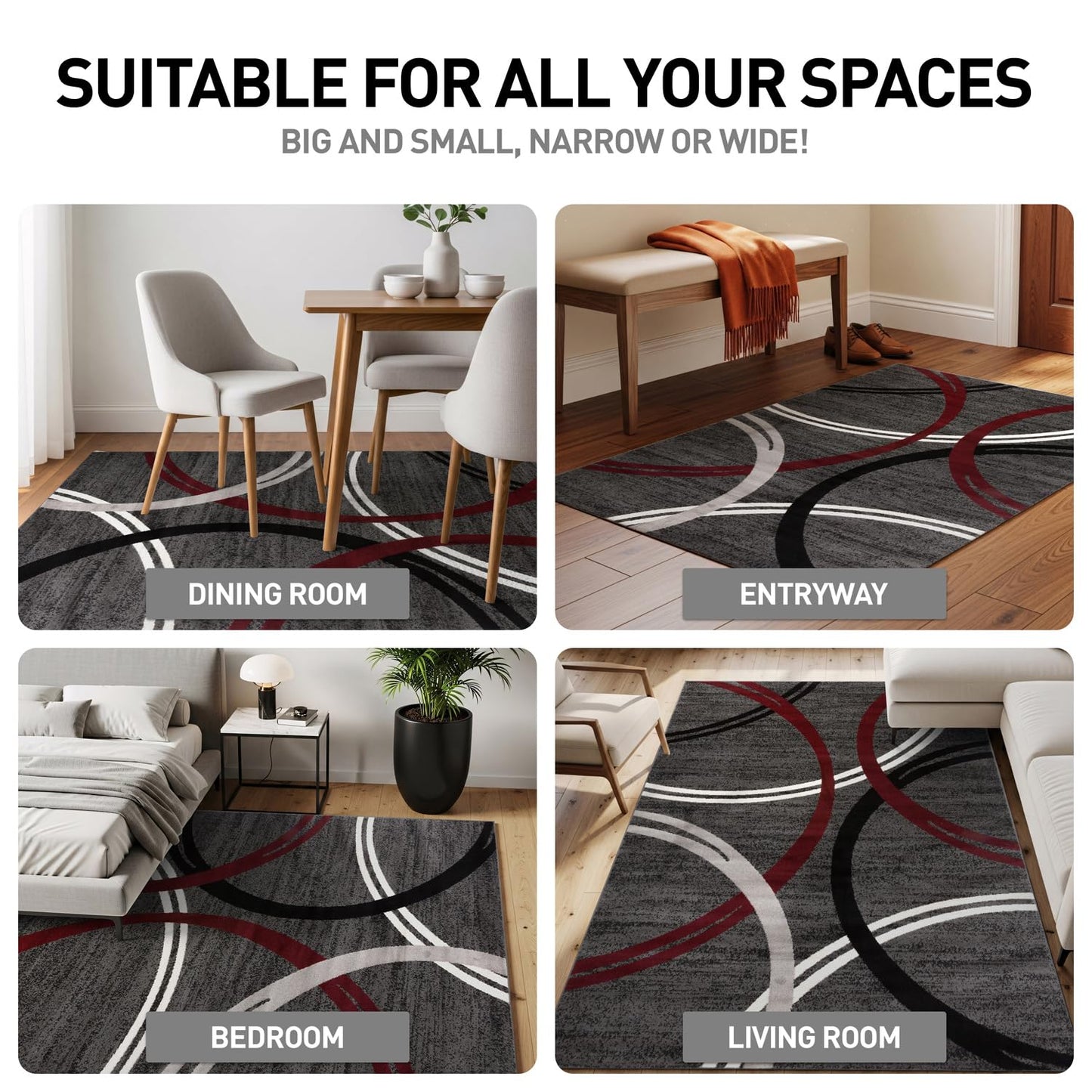 Rugshop Modern Wavy Circles Design Non-Shedding Area Rug, Carpet for Living Room, Dining Room, or Office,Grand Room,Open Spaces Red, 10' x 14'