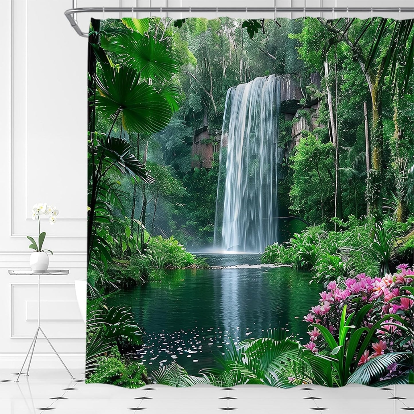 Forest Waterfall Shower Curtain, Tropical Jungle Nature Landscape Fabric Bathroom Curtains Decor Set, 70" WX70 H