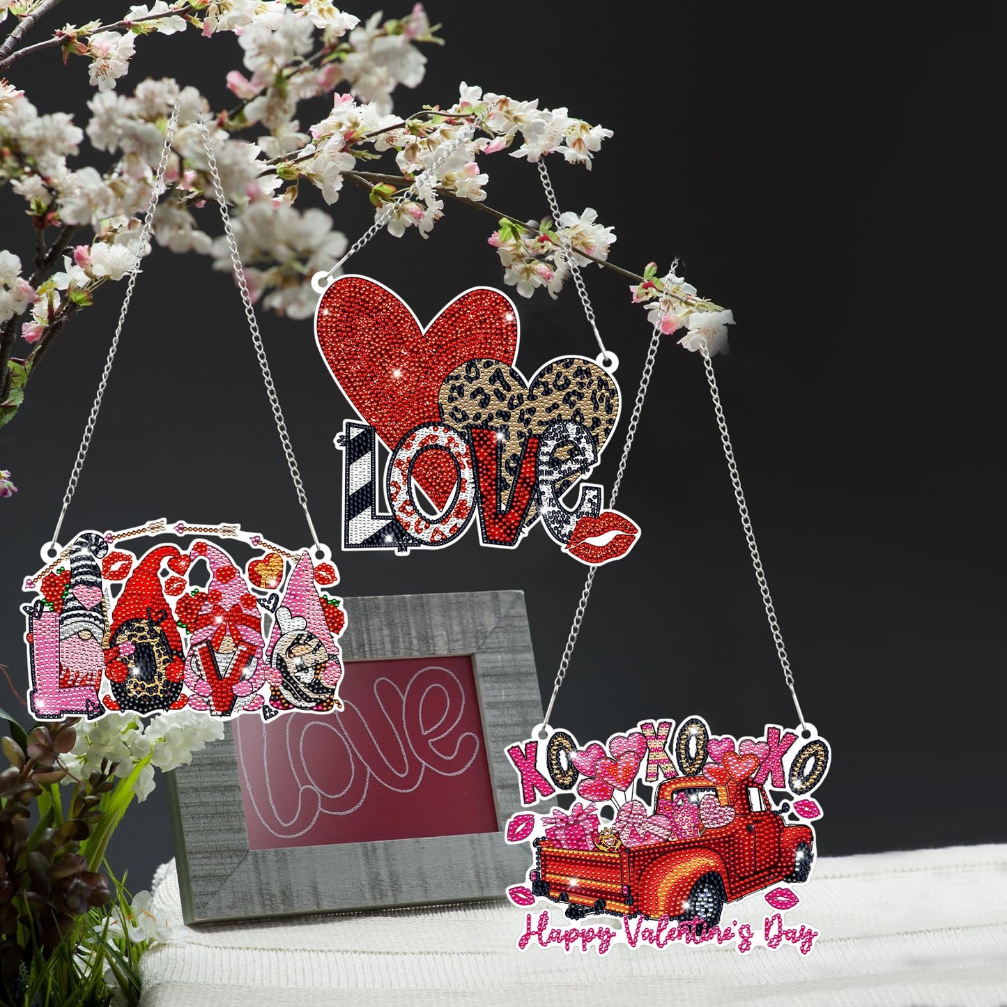 Burbell 3 Pcs Diamond Art Painting Kits - Heart, Love & Gnome Truck Hanging Ornaments & Signs - DIY Painting Art Kits for Adults - Valentine's Day, Window, Door & Wall Decorations