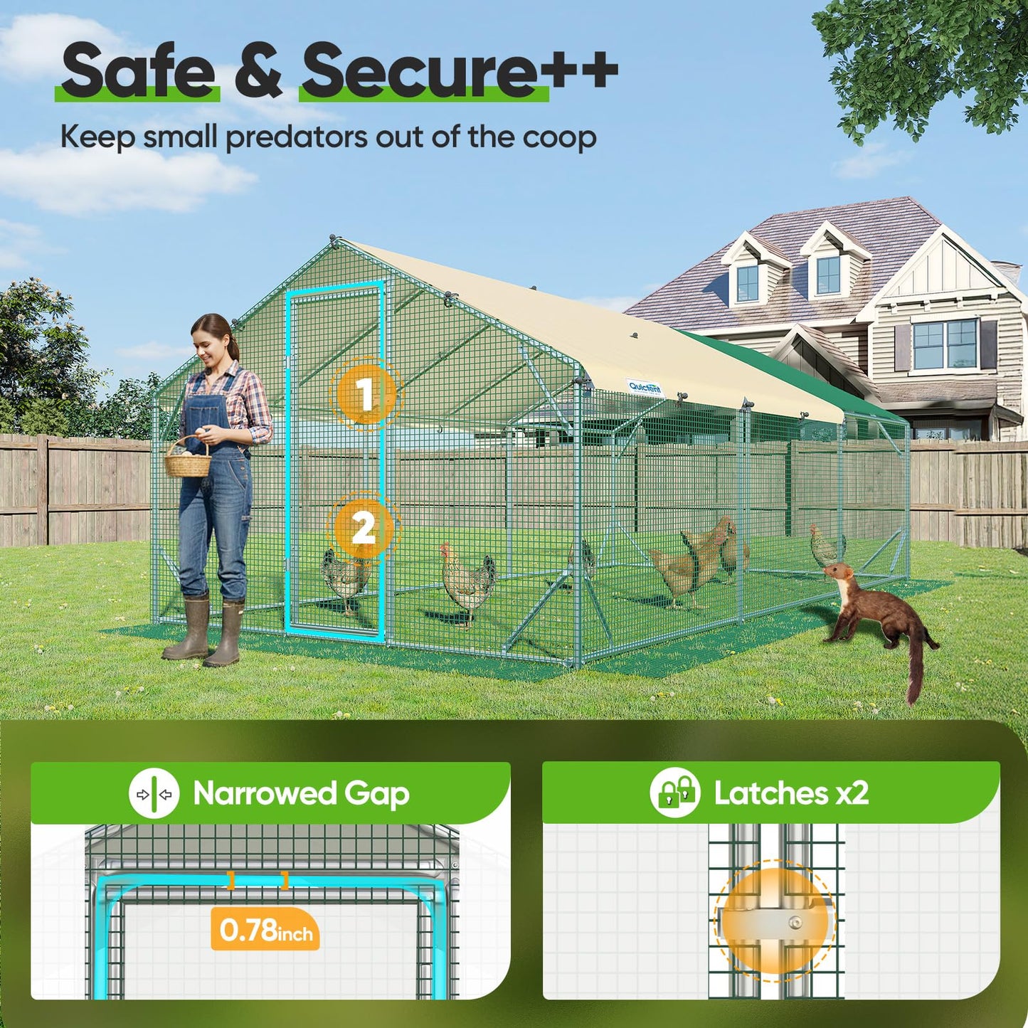 Quictent 18x9x6.6ft Metal Chicken Coop Run with Side Hardware Cloth, Elite Series Large Walk-in Outdoor Poultry Cage Heavy Duty Predator Proof Hen Duck Rabbit Farm Pen House, Waterproof Anti-UV Cover