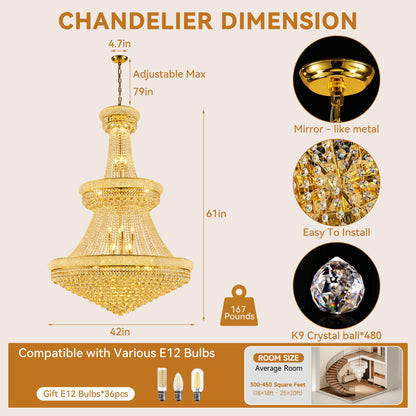 Dvasovio 42'' W Luxury 3-Tier Empire Crystal Chandelier, 36 LED Bulbs, 480 Hand-Strung K9 Crystals (4 Spares), 79-Inch Adjustable Chain, Ideal for Foyer, Staircase, Double-Height Living Room (Gold)