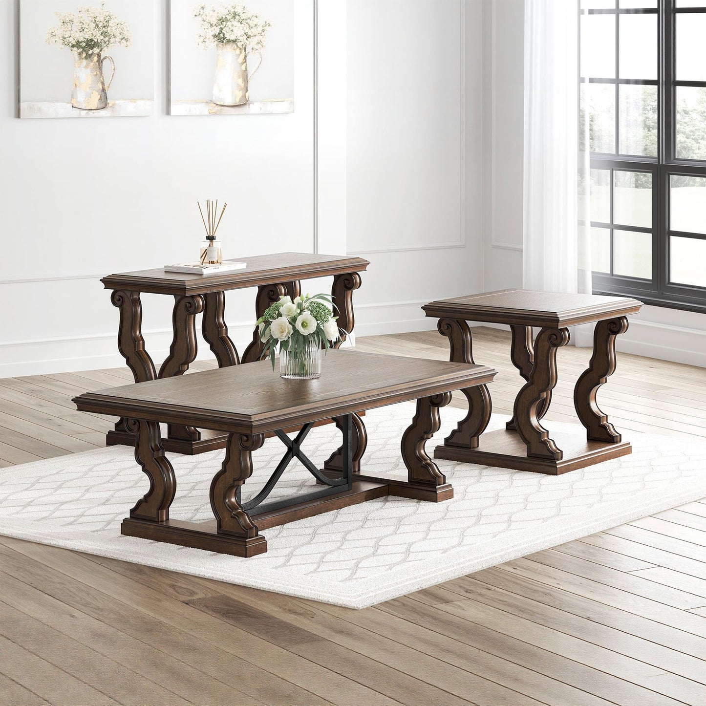 Signature Design by Ashley Maylee Classic Coffee Table with Trestle Base, Dark Brown