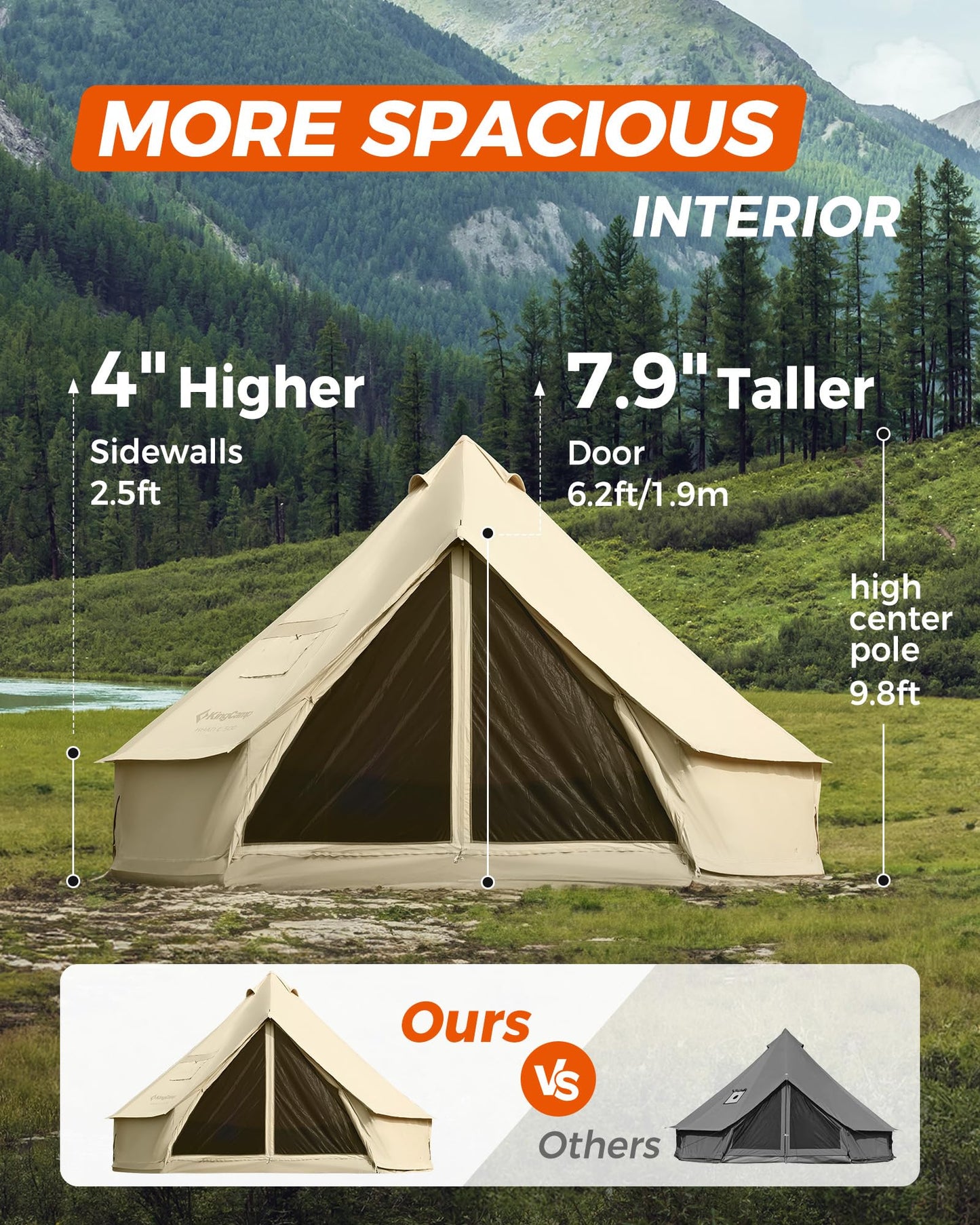 KingCamp Glamping Tent for 4 Seasons, 13.2ft/16.4ft Large Waterproof & Windproof Luxury Bell Yurt Tent w/Stove Jack, Spacious for Family Camping Hunting Parties