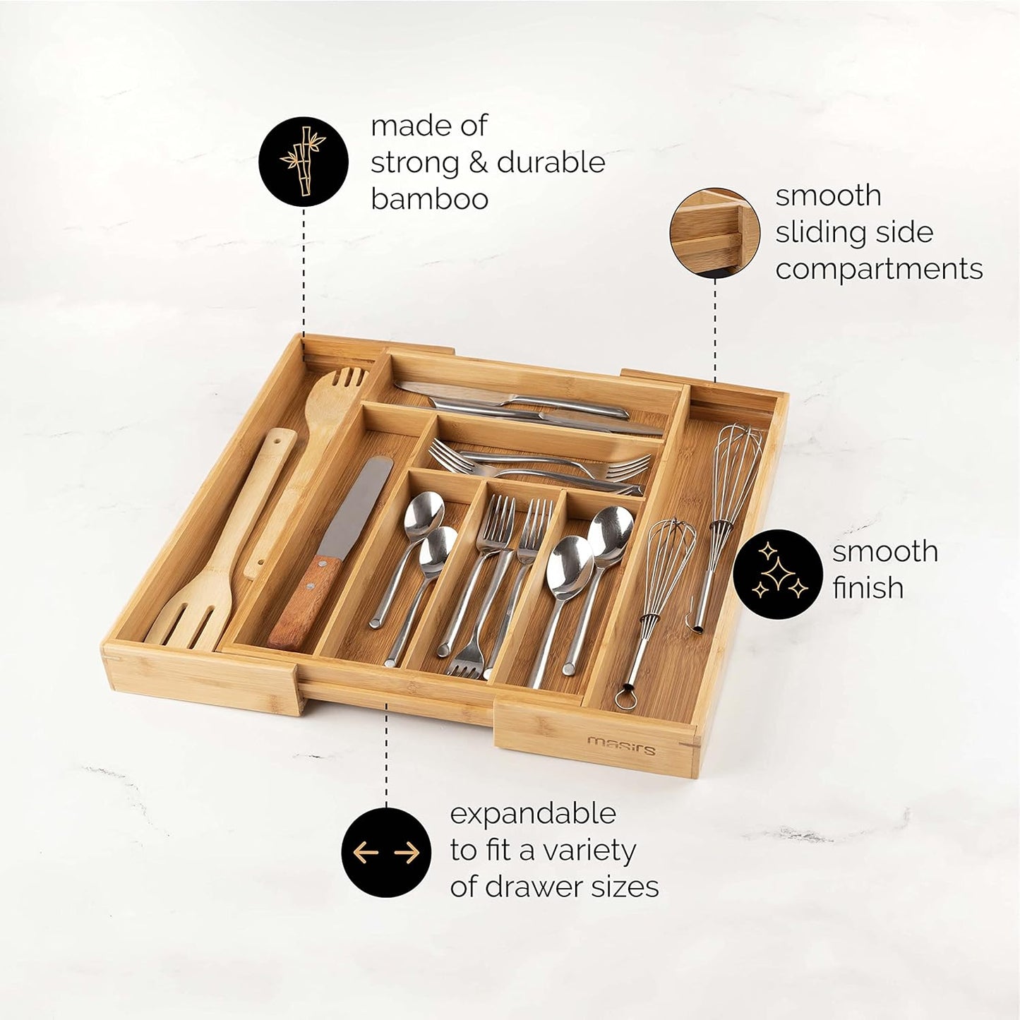 Masirs Expandable Bamboo Kitchen Drawer Organizer - Durable Construction, Ideal for Silverware, Utensils, and Office
