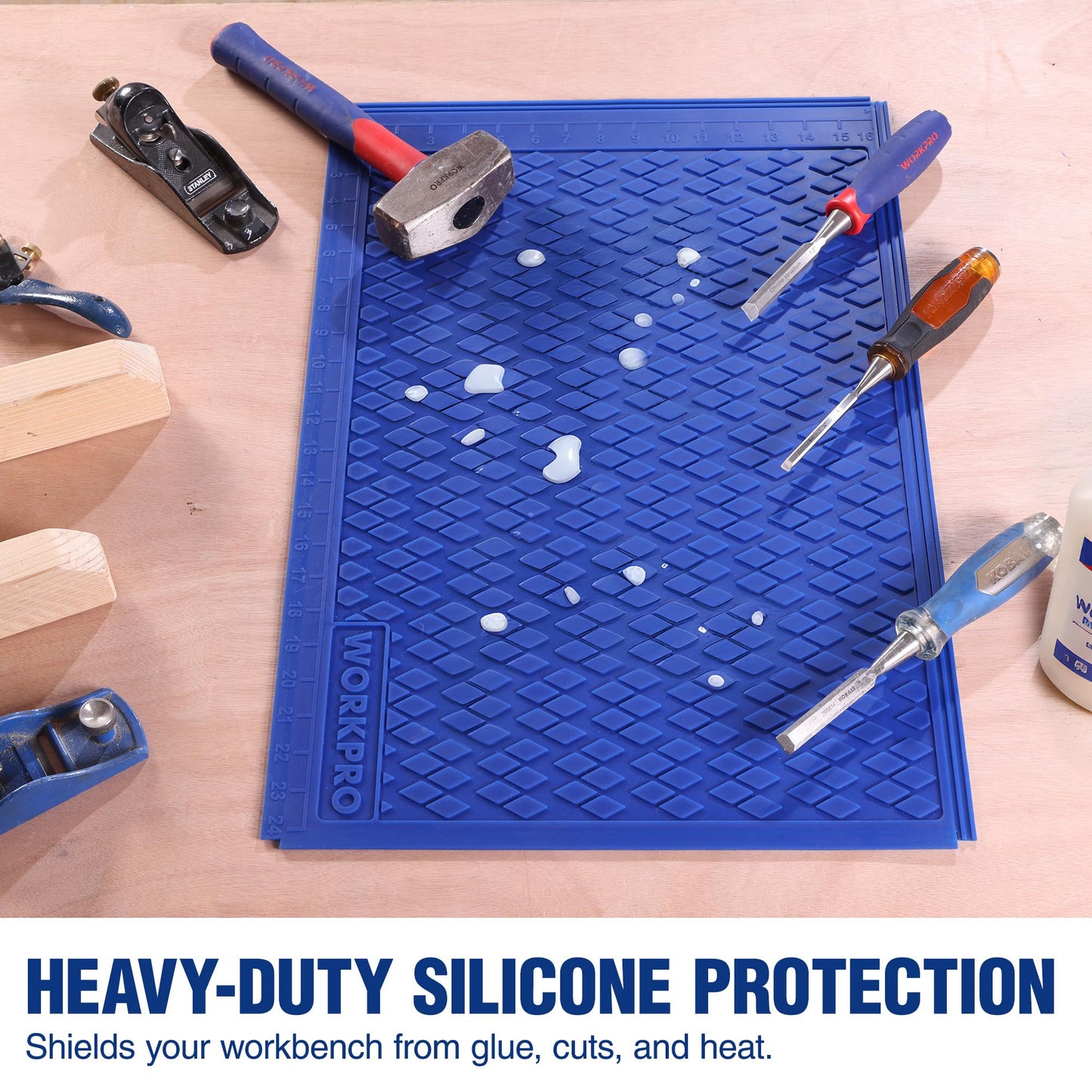 WORKPRO Silicone Glue Mat, Non-Stick Heat-Resistant Silicone Pad with Built-in Measurement Grid, Anti-Slip & Durable Surface for Resin, Epoxy, DIY, Crafts, Woodworking, Garage & Workshop