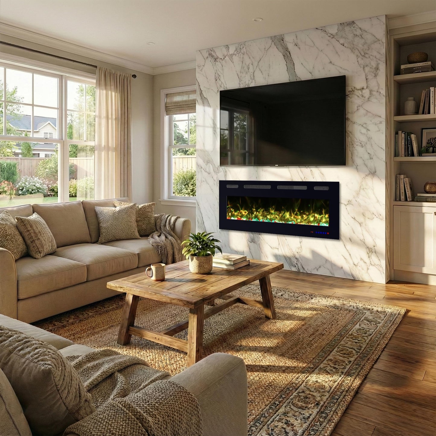 VILLABROT 42 Inch Ultra Thin Electric Fireplace Heater, Recessed & Wall Mounted Electric Fireplace Insert with Thermostat, 13 Flame Colors, Remote Control, 750/1500W for Living Room Bedroom