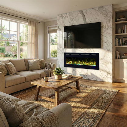 VILLABROT 42 Inch Ultra Thin Electric Fireplace Heater, Recessed & Wall Mounted Electric Fireplace Insert with Thermostat, 13 Flame Colors, Remote Control, 750/1500W for Living Room Bedroom