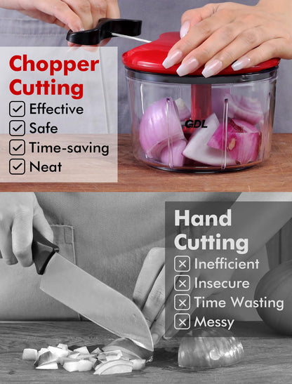 GDL Food Chopper, Pull Onion Chopper Dicer, Hand Powered Food Mincer, Fast Cutting Hand Chopper for Oinon, Garlic, Nut, 3.4 Cups 0.8L, Red