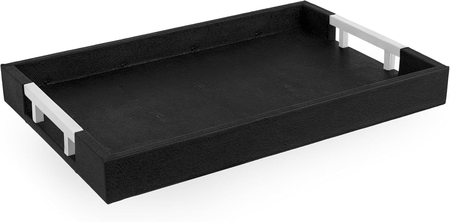 17.5"x12" Modern Elegant Black Rectangle Shagreen Faux Leather Decorative Tray Ottoman Coffee Table Perfume Living Room