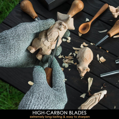 BeaverCraft Wood Carving Gouges Kit SC05 - Wood Carving Chisels Set with Palm Gouge & Flat Straight Chisel, Rounded Short Bent, V-chisels - Whittling Knives, Tools for Beginners and Profi Carvers